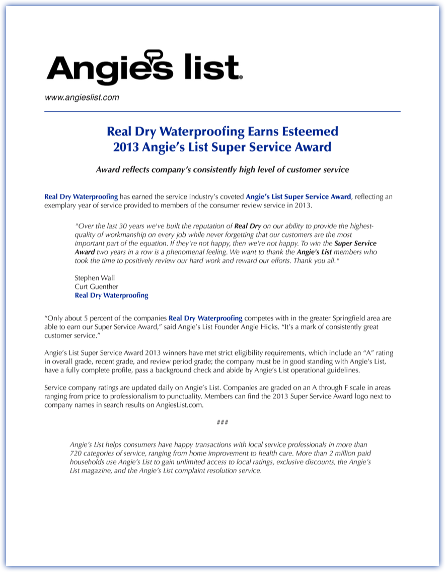 Real Dry Super Service Award Press Release